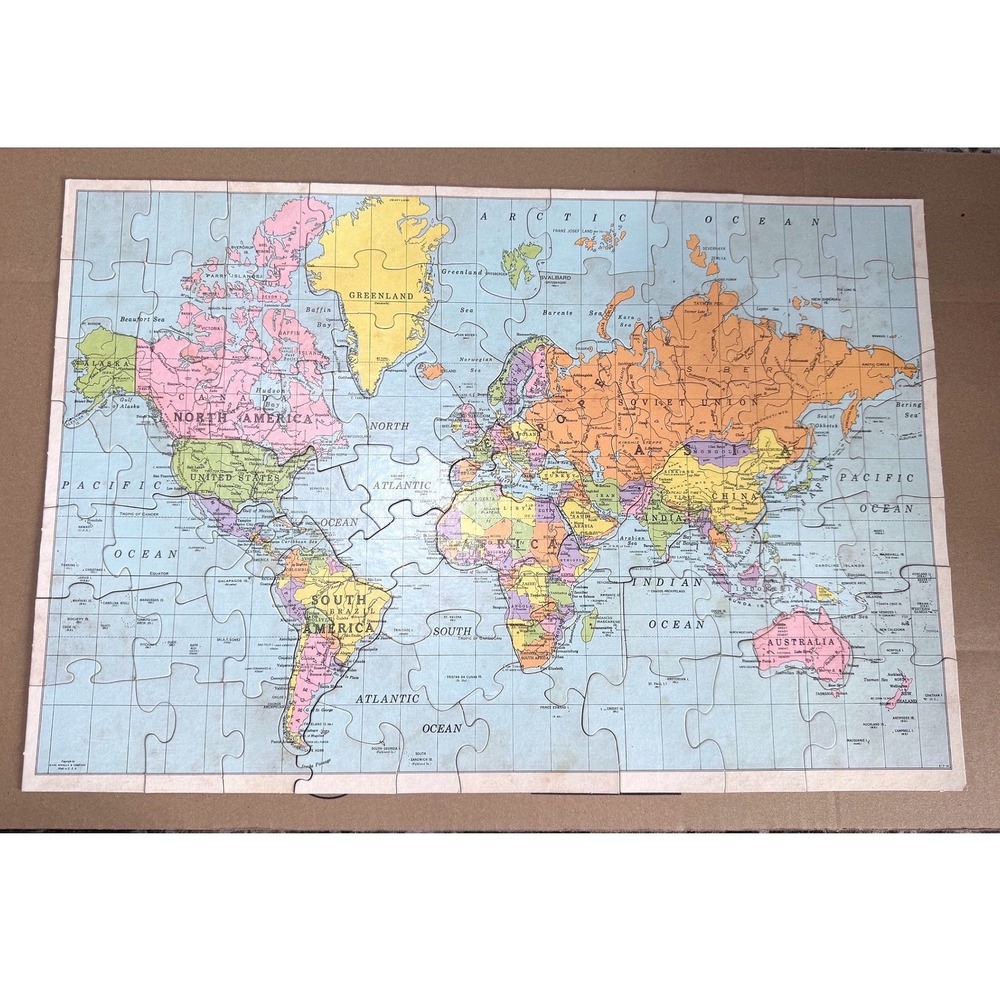 Vintage Selchow & Righter World Map Puzzle 83pc Rand McNally 1962 No. 517 Soviet